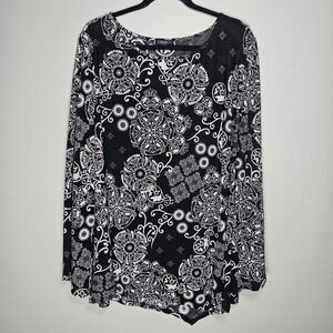 Cocomo Womens 3X Top Black White Floral 3/4‎ Sleeve Artsy Asymmetrical (No Tag)